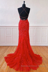 Mermaid Backless Red Lace Long Semi Formal Prom Dresses, Mermaid Red Formal Dresses, Red Lace Evening Dresses